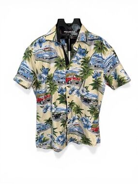 Men's Hawaiian Short Sleeve Shirt - Vintage Car & Palm Print, Beige Blue